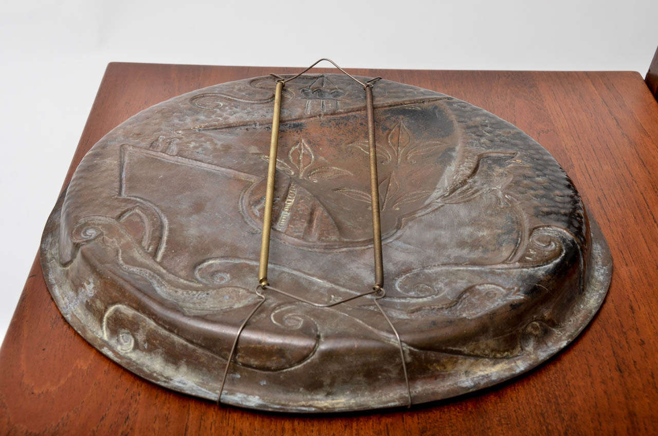 John Pearson Copper Charger with Arts & Crafts Ship, Waves and Sea Creatures For Sale 2
