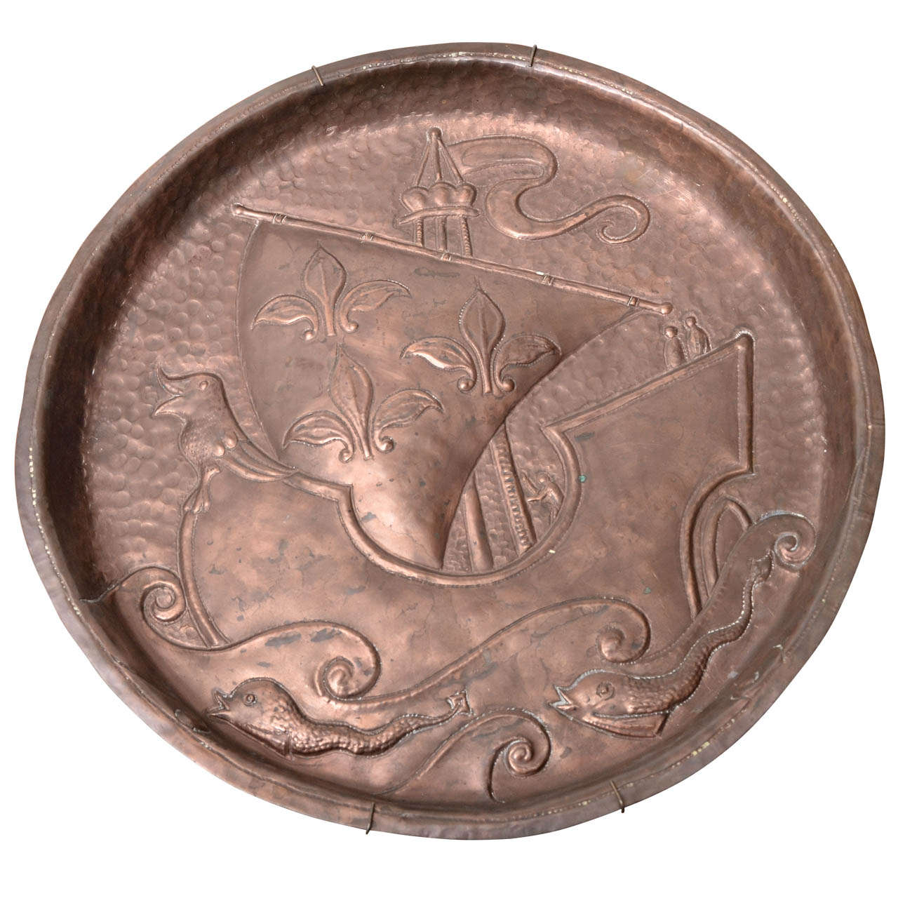 John Pearson Copper Charger with Arts & Crafts Ship, Waves and Sea Creatures For Sale