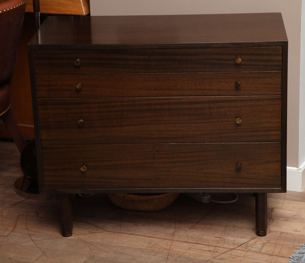 Four-drawer Harvey Probber chest refinished in dark chestnut with antique brass hardware, Fall River, Massachusetts, circa 1960