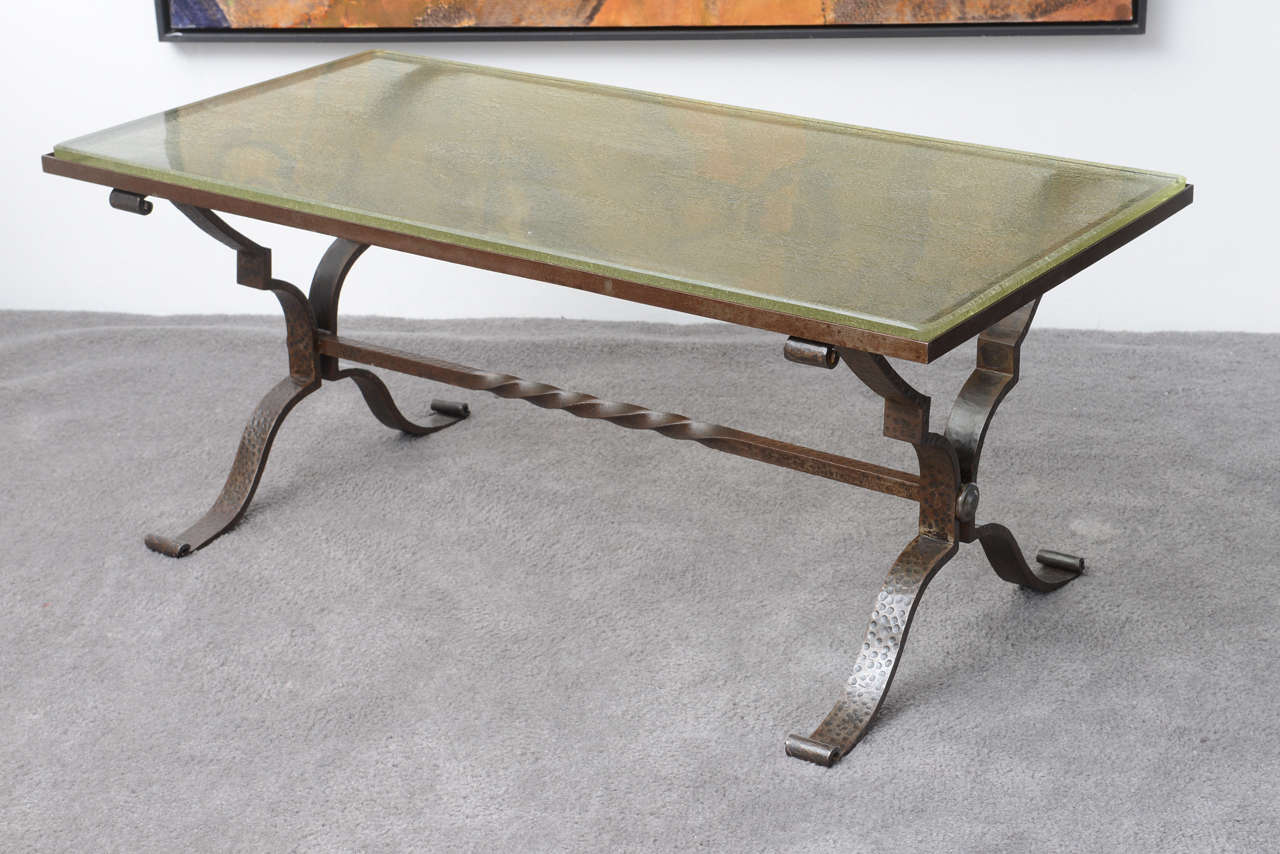 French Art Deco Hammered Iron and Glass Top Coffee Table 1