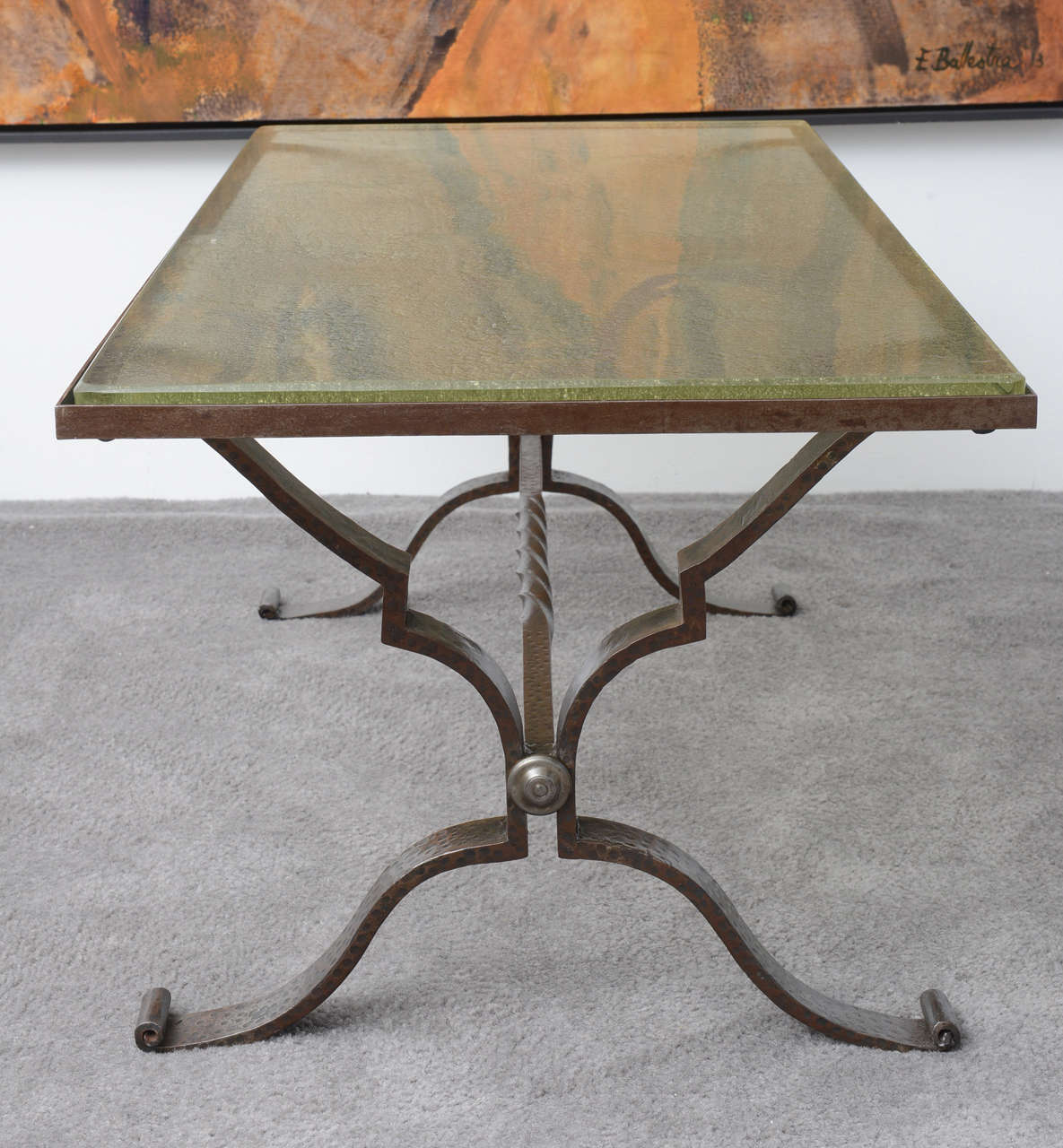 French Art Deco Hammered Iron and Glass Top Coffee Table 3