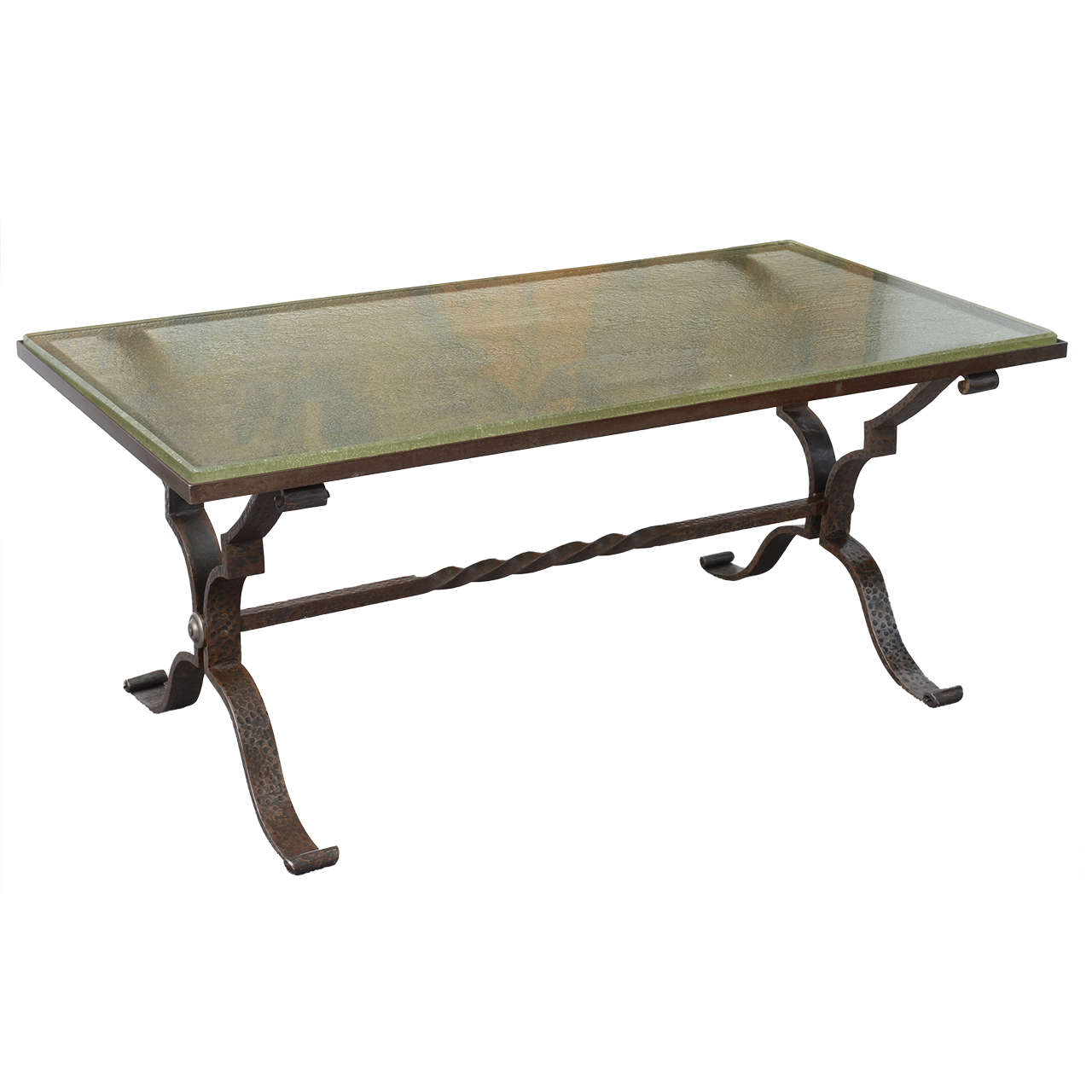 French Art Deco Hammered Iron and Glass Top Coffee Table