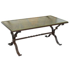 French Art Deco Hammered Iron and Glass Top Coffee Table