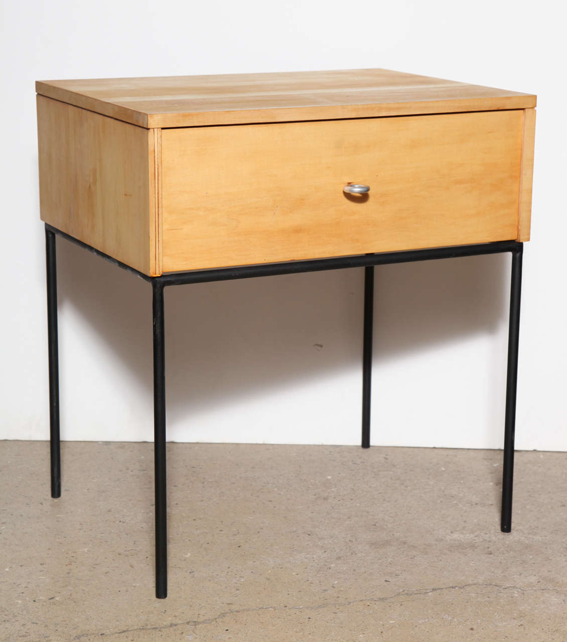 Early 1950s Paul McCobb Planner Group for Winchendon Furniture Company Birch End Tables, Side Tables. Featuring Light solid Birch with extra-large drawers, rounded Black enameled Wrought Iron framework and original round Aluminum ring pull. Deep