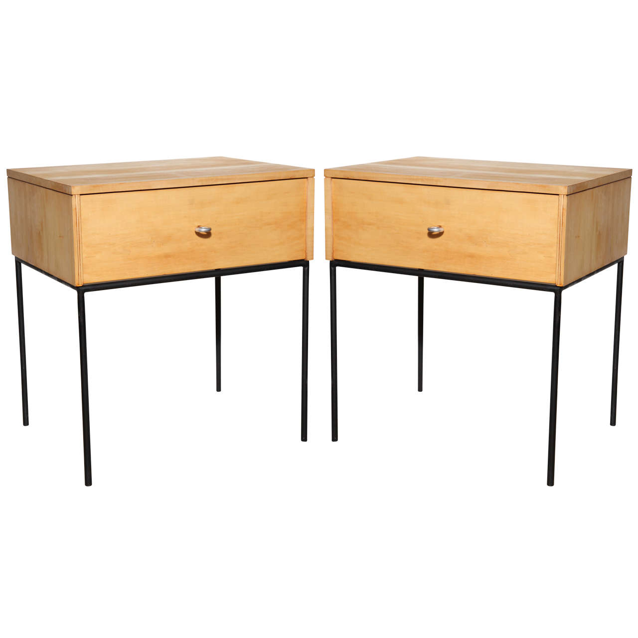 Pair of Paul McCobb Planner Group Light Birch and Black Iron Nightstands, 1950s
