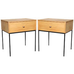 Pair of Paul McCobb Planner Group Light Birch and Black Iron Nightstands, 1950s