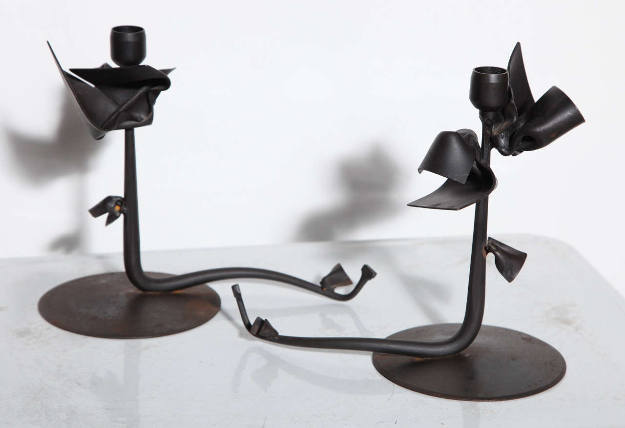 Modern Pair of Albert Paley Forged Iron Botanical Candlesticks, 1993  For Sale