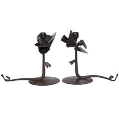 1993 Pair of Albert Paley Forged Iron Floral Candlesticks 3
