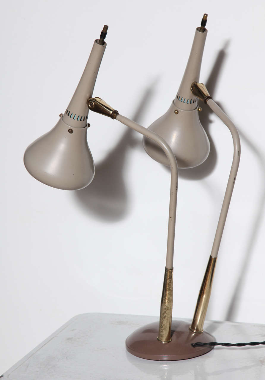 Enameled rare Gerald Thurston Double Cone Enamel & Brass Table Lamp