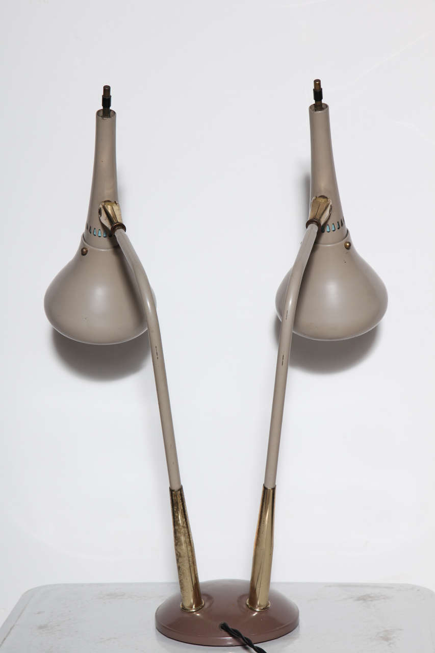rare Gerald Thurston Double Cone Enamel & Brass Table Lamp In Good Condition In Bainbridge, NY