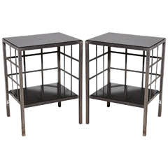 pair of Secessionist Revival Dark Charcoal Gray Granite and Steel Nightstands