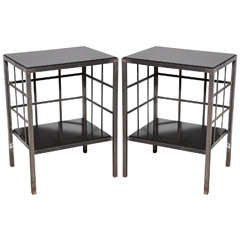 pair of Secessionist Revival Dark Charcoal Gray Granite and Steel Nightstands