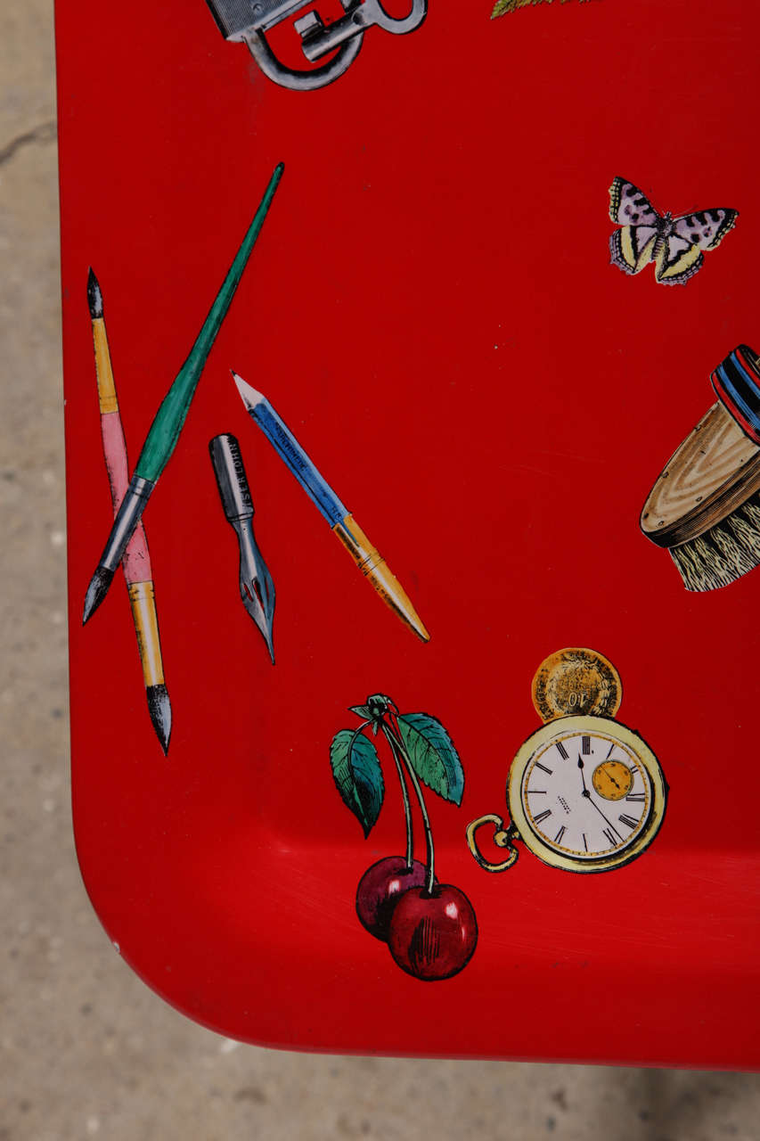 Italian Piero Fornasetti Trompe L'Oeil Red Tray Table on Black Lacquer Stand, 1955