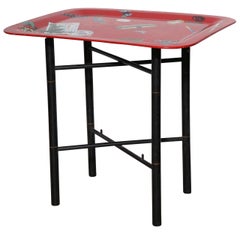 Retro Piero Fornasetti Trompe L'Oeil Red Tray Table on Black Lacquer Stand, 1955
