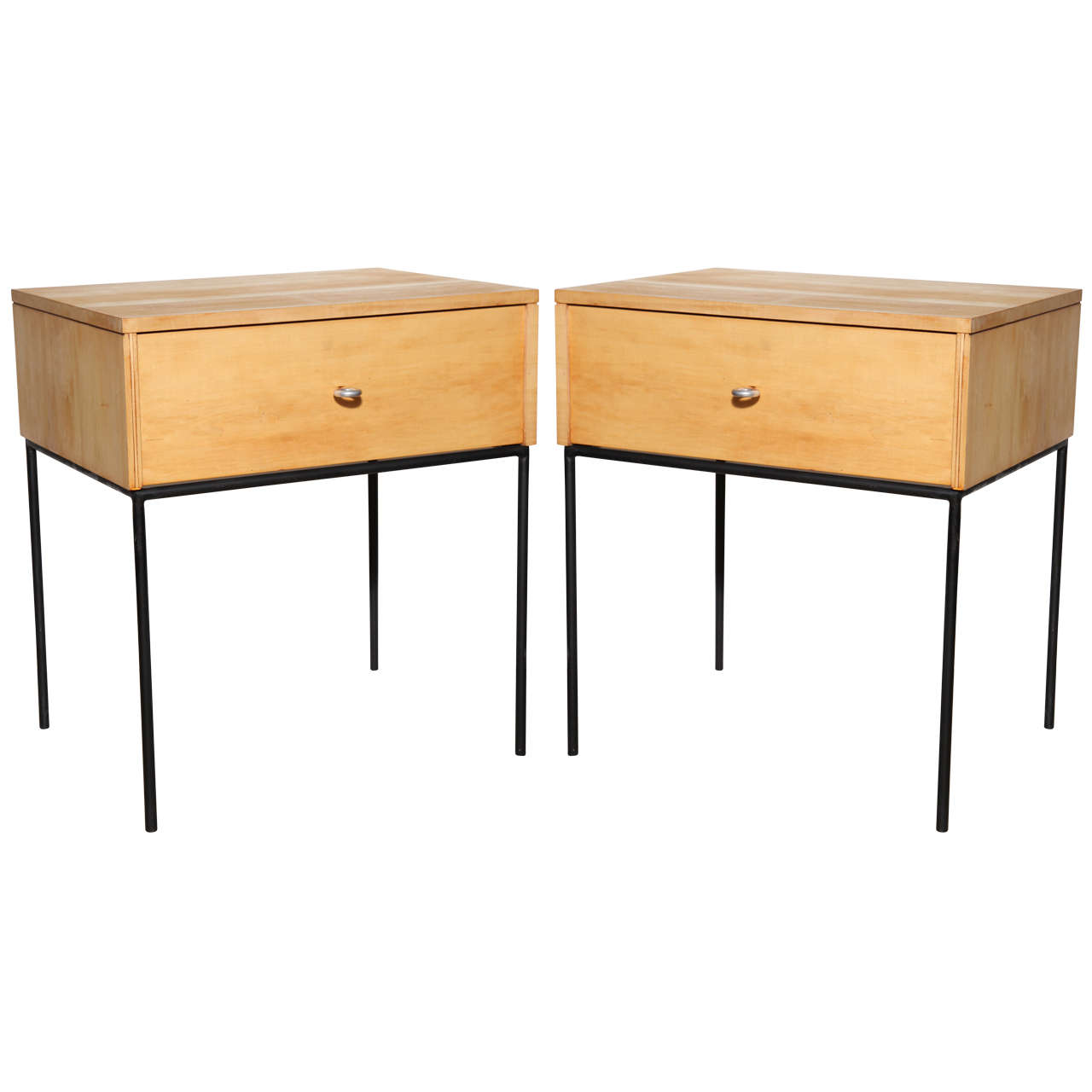 1950s Pair of Paul McCobb Planner Group Light Birch and Black Iron Nightstands For Sale at 1stdibs