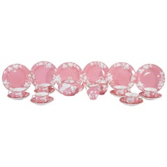 Mintons Pink and Blanc de Chine Dessert Set for Six Raised Leaf and Gold