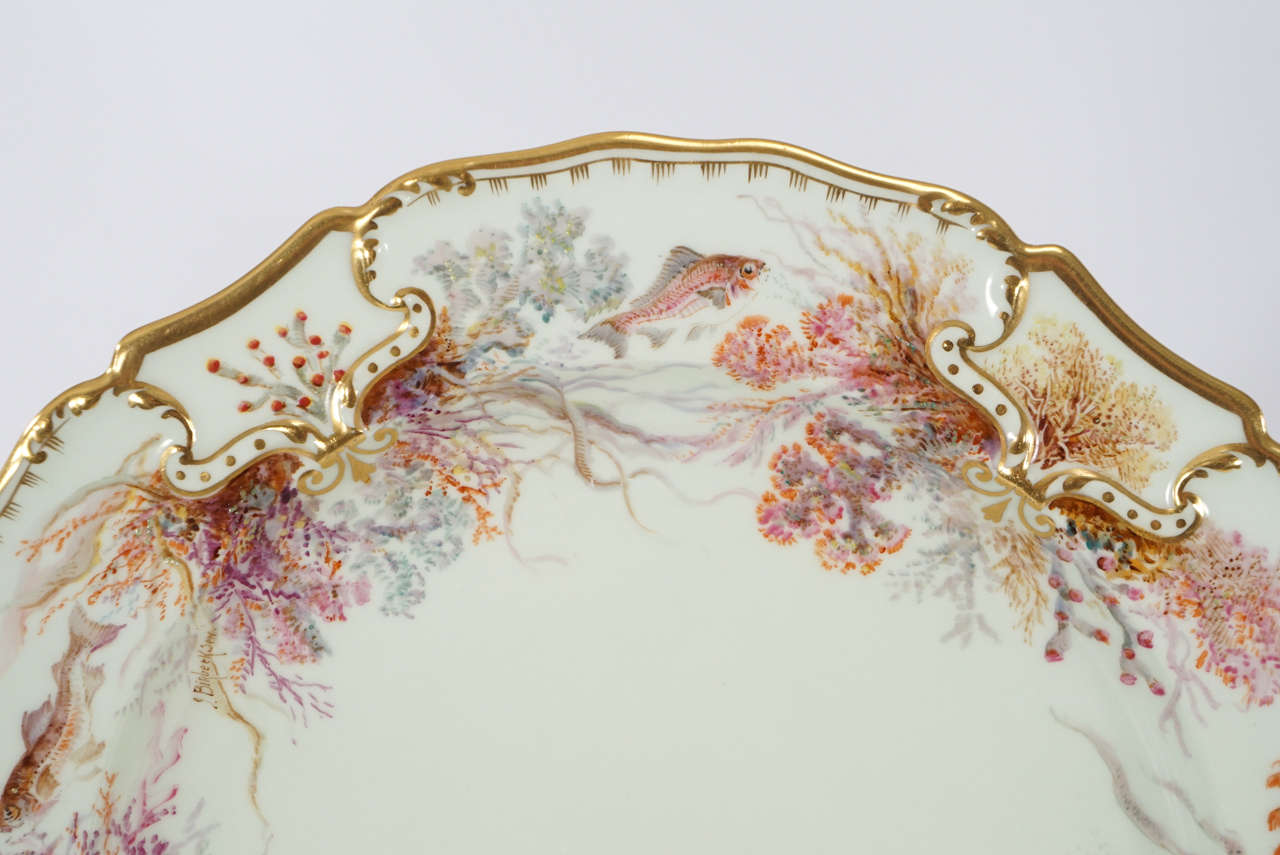 Early 20th Century Set of 12 Cauldon Aesthetic Movement Hand-Painted Aquatic Plates, Artist Signed For Sale