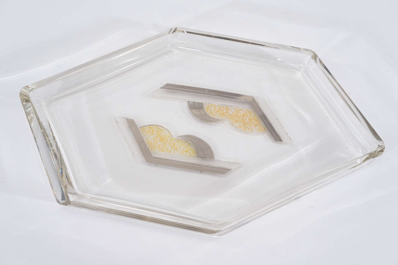 Six-Piece French Art Deco Crystal Enamel & Gold Dresser Set on Matching Tray For Sale 3