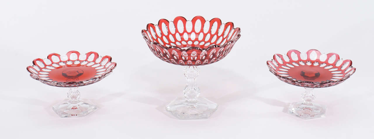3-Piece Val Saint Lambert Handblown Cranberry Crystal Centerpiece with Compotes