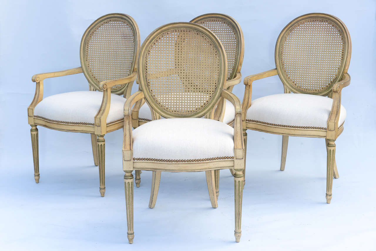 Italian Set of Four Painted Louis XVI Style Armchairs For Sale