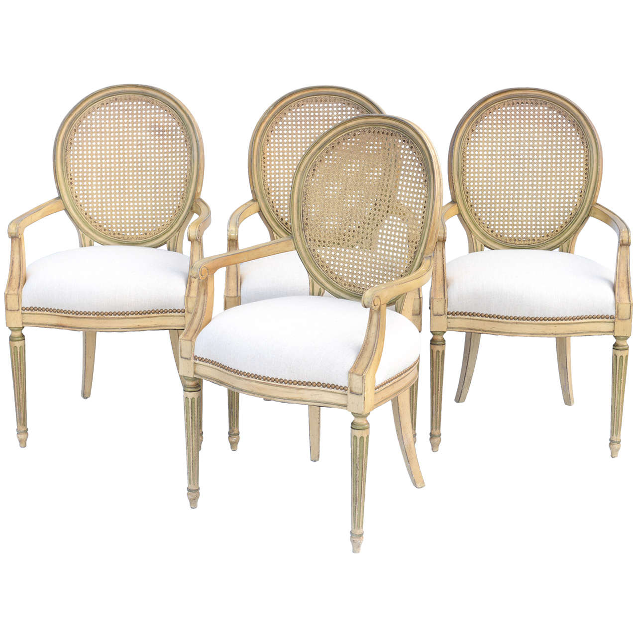 Set of Four Painted Louis XVI Style Armchairs For Sale