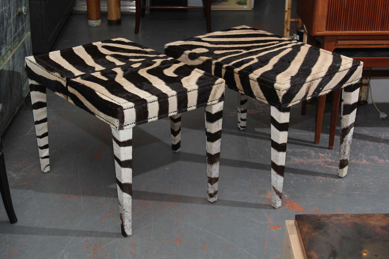 Very sturdy pair benches/side tables of vintage Plains zebra hide