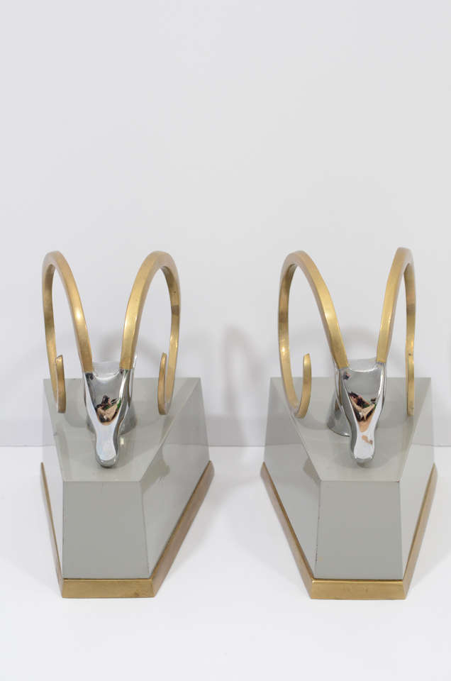 Pair of ram's head bookends in mixed metals mounted on grey lacquered bases.
LAST DAY ON 1STDIBS! SALE ENDS TODAY, SATURDAY, AUGUST 31, 2013. STARTING IN OCTOBER, PLEASE VISIT US AT WWW.CENTER44.COM/BOUTIQUES/ANTHOLOGY.