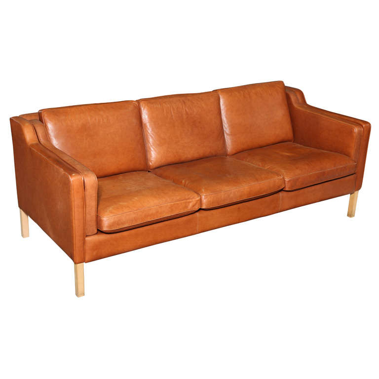 Danish Modern Cognac Leather 3-Seater Sofa