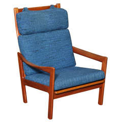 Teak and Blue Highback Lounge Chair and Ottoman by Illum Wikkelso