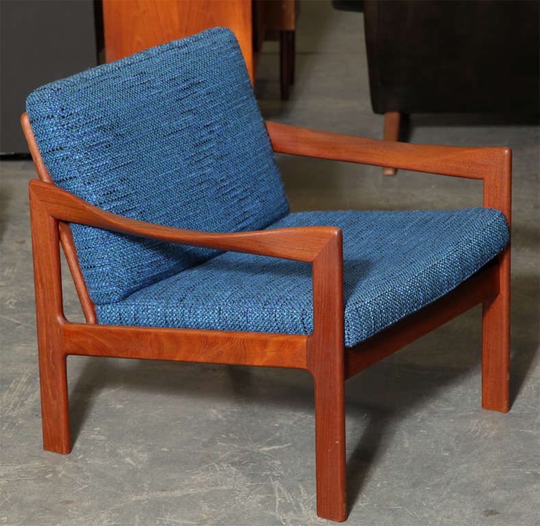 Danish Pair of Teak and Blue Armchairs by Illum Wikkelso