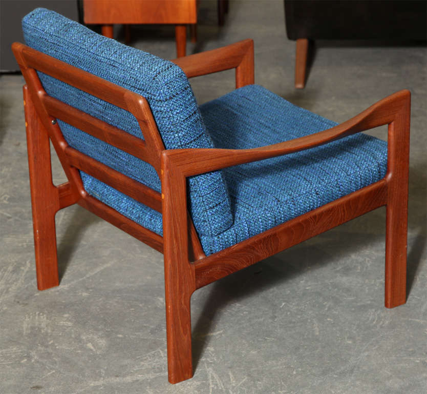 Pair of Teak and Blue Armchairs by Illum Wikkelso 1