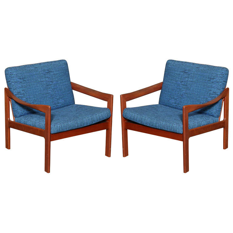 Pair of Teak and Blue Armchairs by Illum Wikkelso