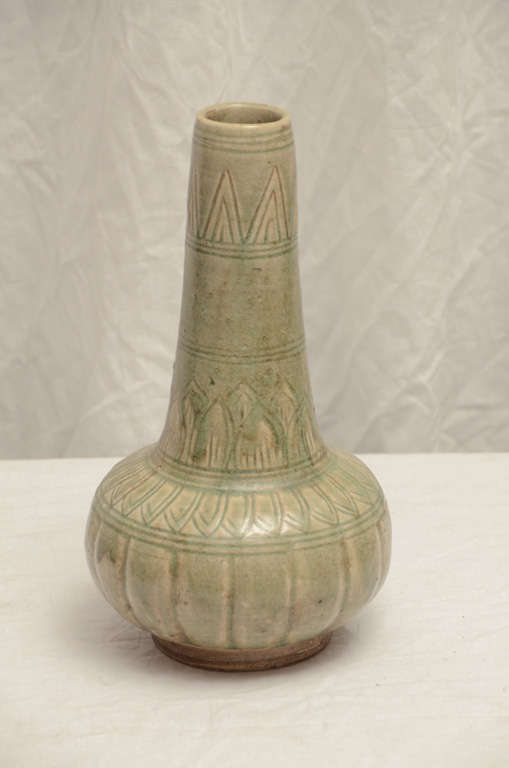 Late 18thc.  Thai Glazed Celadon Ceramic Bottle Neck Vase
