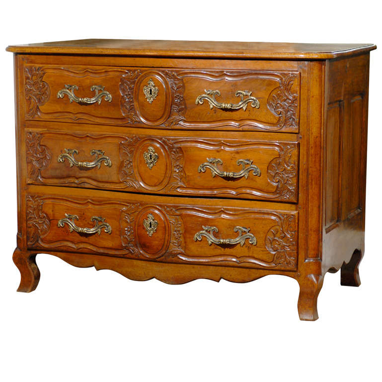 1760s French Louis XV Period Three-Drawer Walnut Serpentine Commode from Lyon