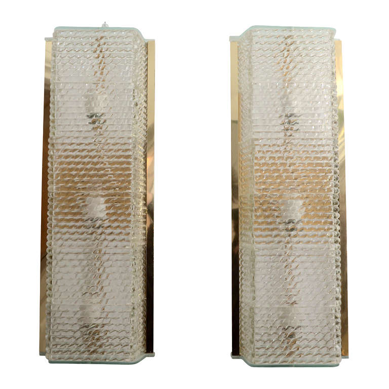 Pair of Large Brass and Textured Glass Sconces For Sale