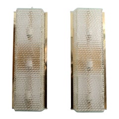 Pair of Large Brass and Textured Glass Sconces