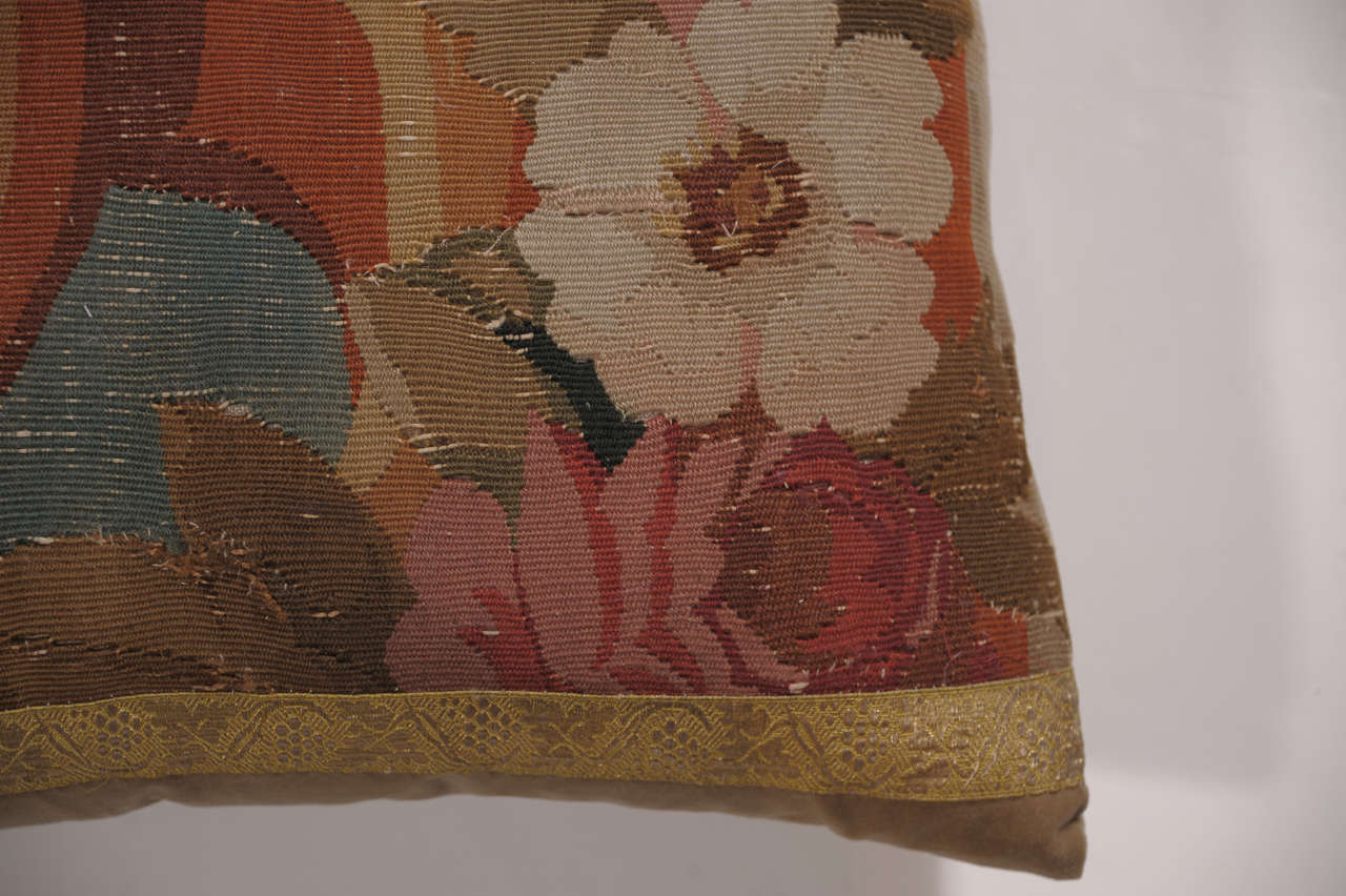 French Pair of 18th Century Floral Tapestry and Velvet Pillows