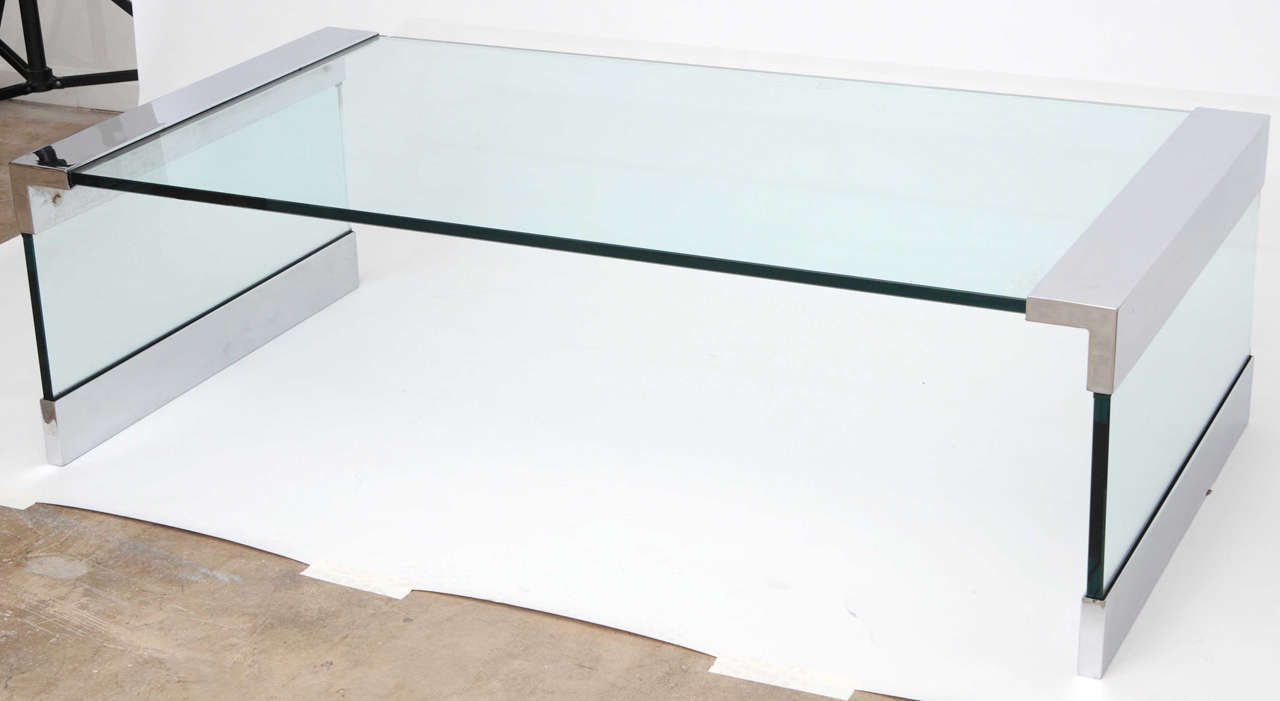 Mid Century Modern Breuton Glass / Steel Rectangle Coffee Table super chic
