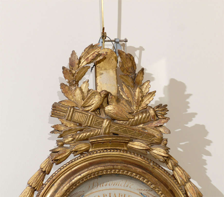 French Louis XVI Style Gilt-Wood Barometer with Kissing Doves and Blue Accent Dial