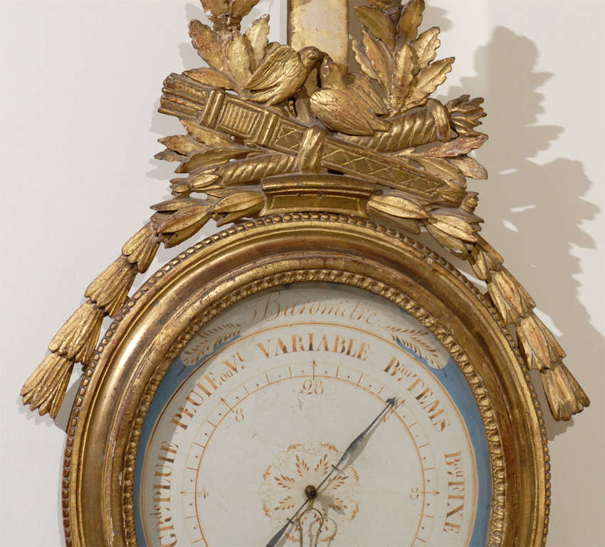 Louis XVI Style Gilt-Wood Barometer with Kissing Doves and Blue Accent Dial In Good Condition In Atlanta, GA