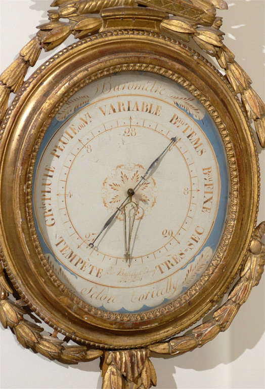Giltwood Louis XVI Style Gilt-Wood Barometer with Kissing Doves and Blue Accent Dial