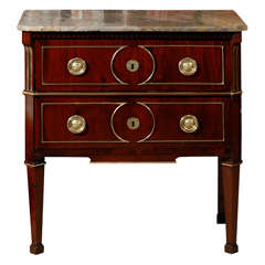 Petite Neoclassical Mahogany Commode with Marble Top & Brass Inlay