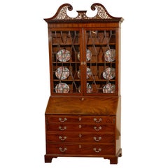 Early 19th Century English Mahogany Bureau Bookcase with Swan neck Pediment