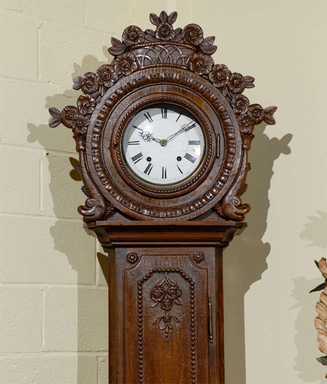 French Oak Tall Case Clock with Basket Crest, Normandy, circa 1850 In Good Condition In Atlanta, GA