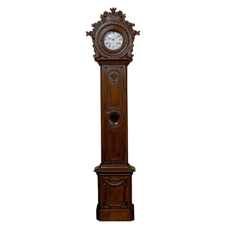 French Oak Tall Case Clock with Basket Crest, Normandy, circa 1850