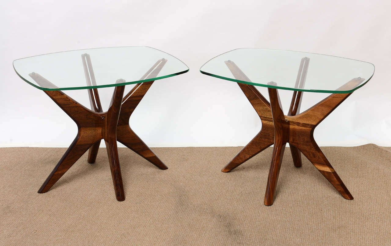 Stunning Pair of Sculptural mid-century side tables in carved solid walnut by Adrian Pearsall for Craft Associates. The tables have been beautifully refinished by our Furniture Restoration Division. As the Glasses are originals, small ships appear
