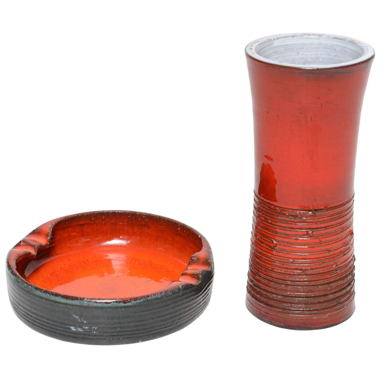 1970s Orange|Red Handmade Ceramic Ashtray and Vase Set For Sale