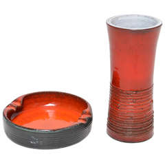 1970s Orange|Red Handmade Ceramic Ashtray and Vase Set