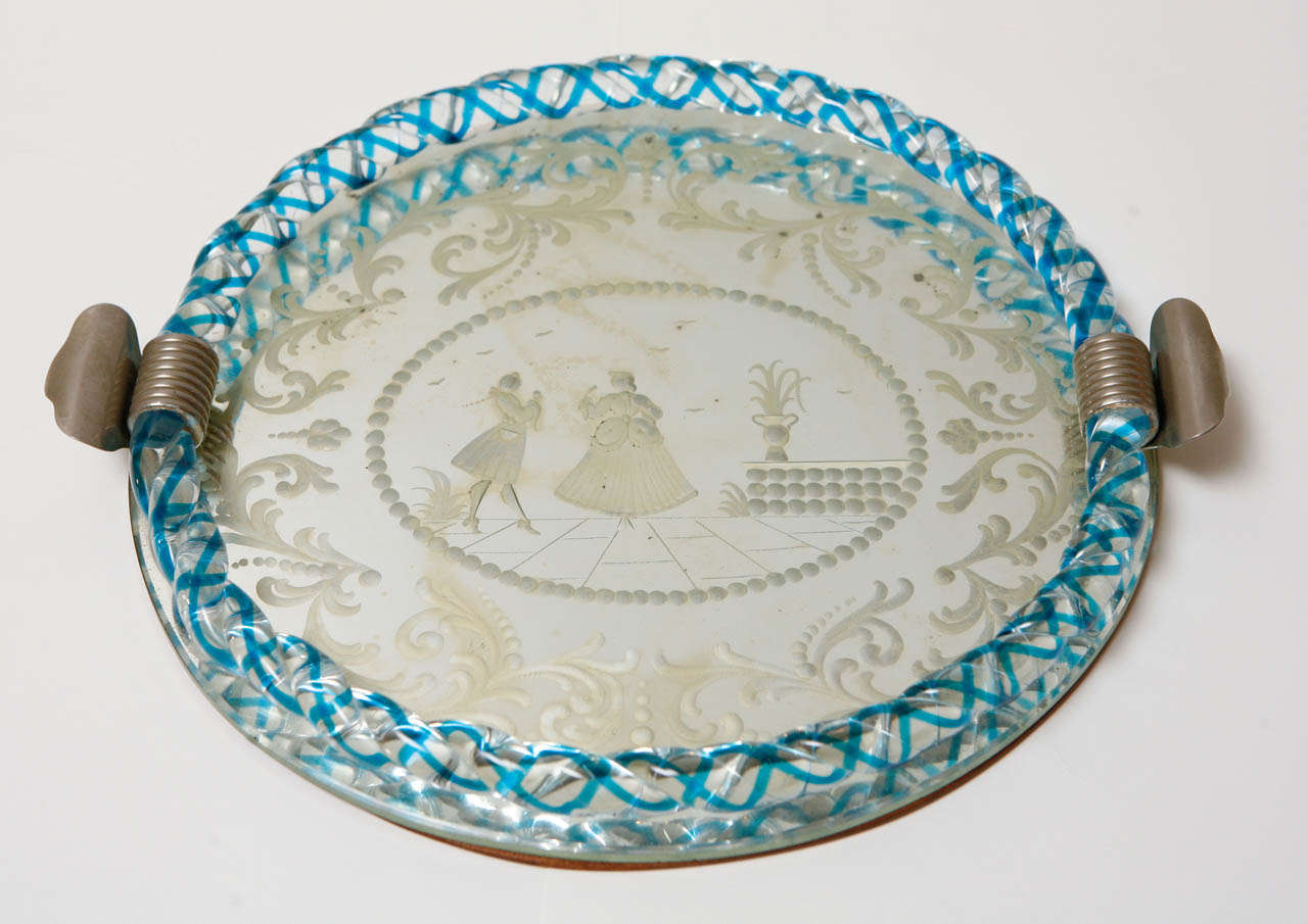 Beautiful Venetian tray with unique blue coloring on glass rope detail. Beautiful modeled patina on mirror.