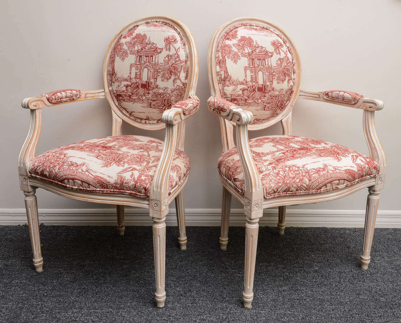 Pair French Louis XVI Style Armchairs Upholstered in a Red Chinoiserie Fabric In Good Condition In West Palm Beach, FL